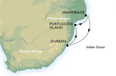 Map showing South Africa to Mozambique cruise route